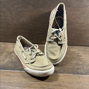 Sperry Tan Boat Shoes with White Accents